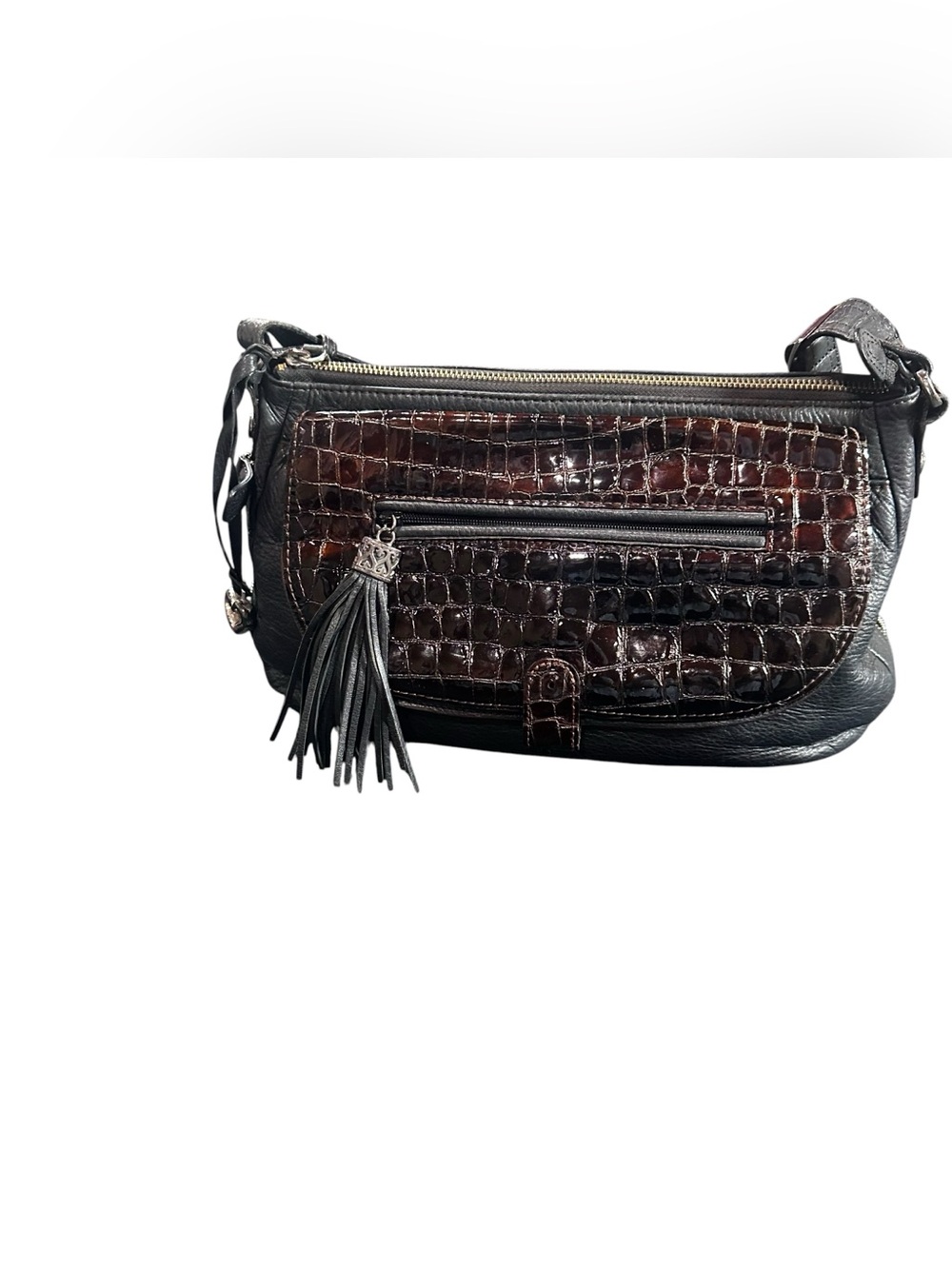 Brighton Black Tassel Croc Embossed Expandable Leather Shoulder Crossbody Bag